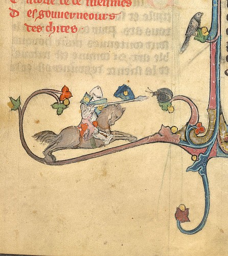 Medieval marginalia: a knight charging a snail, border detail from Brunetto Latini’s Le Livre du Trésor (about 1315–1325)