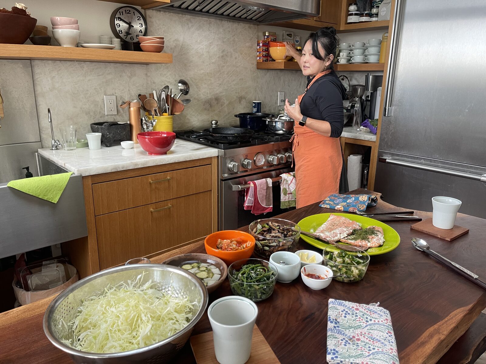 June Jo preparing bibimbap at her home kitchen.