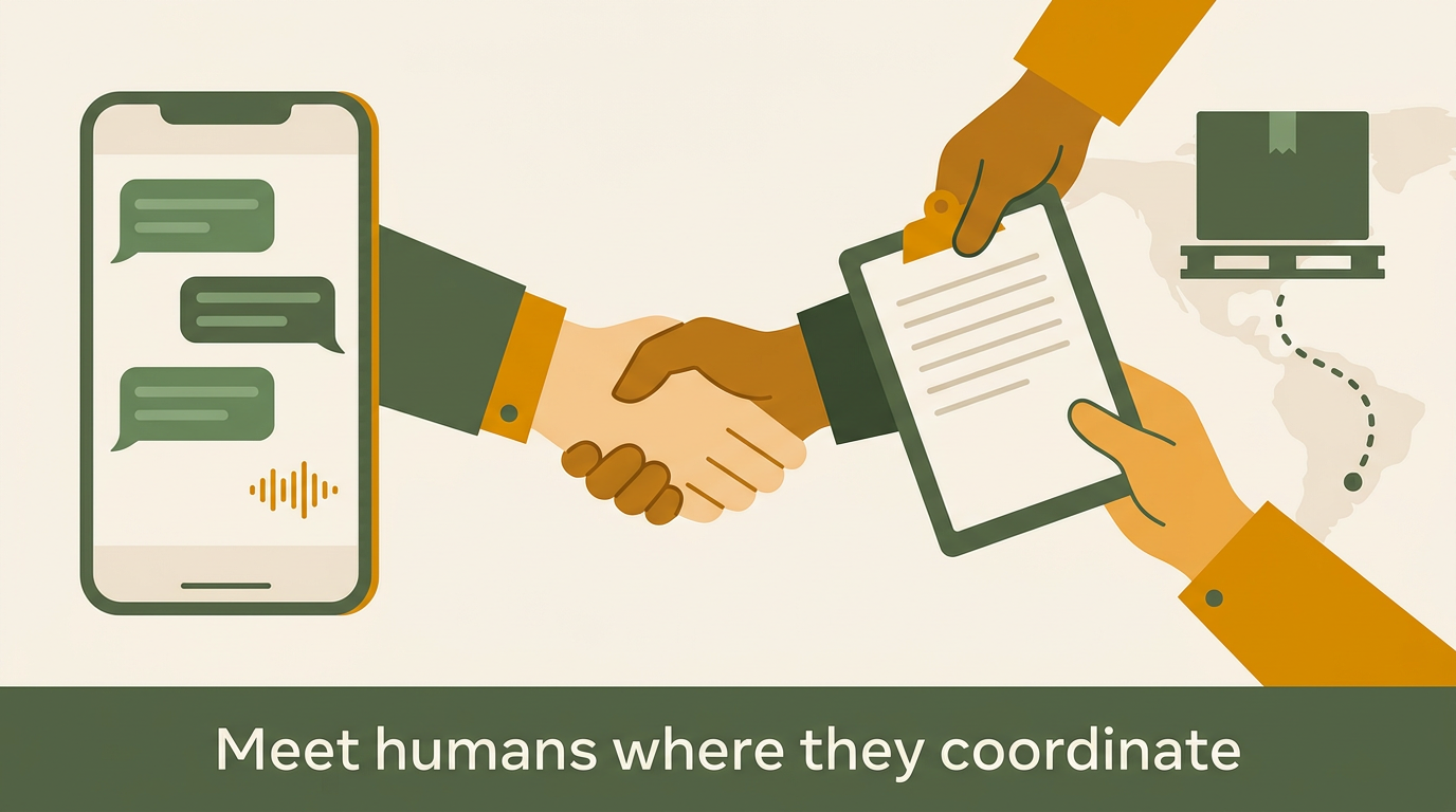 Mobile chat bubbles, logistics route, and handshake